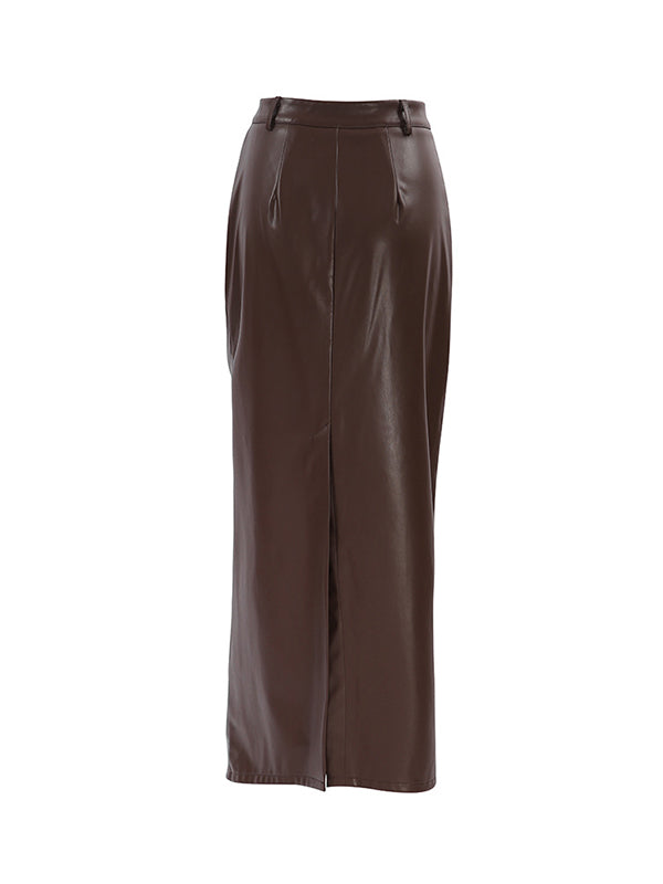 Buttoned Solid Color Split-back A-line High Waisted Skirts Bottoms