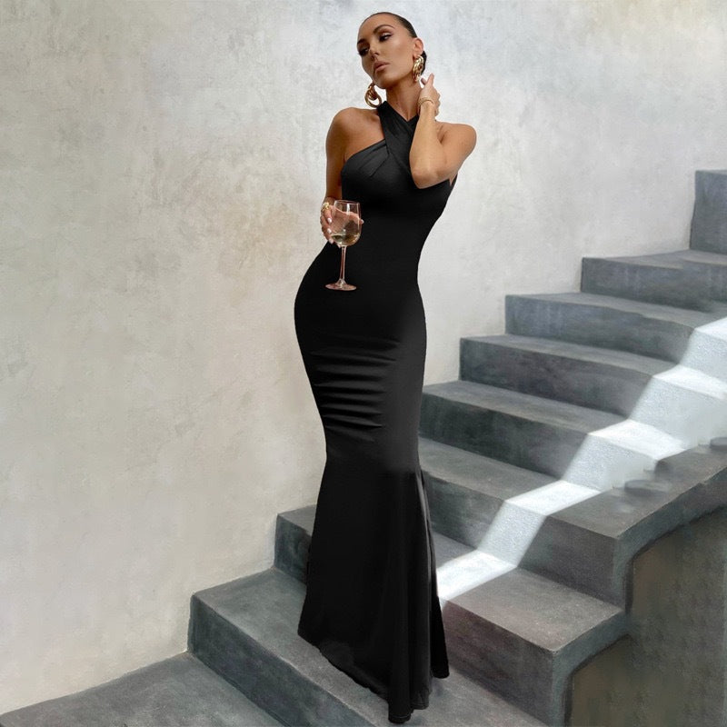 Bianca Cross Over Halter Neck Dress