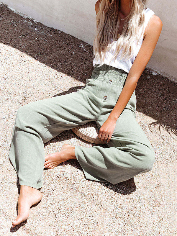 Buttoned Elasticity Solid Color Loose Wide Leg Trousers Pants