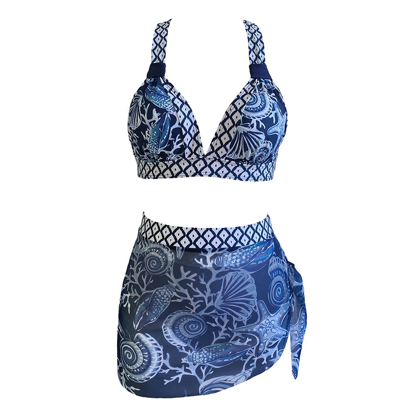 Women's Art Hawaiian Multicolor Mesh Three Piece Bikini Tankini Swimsuit