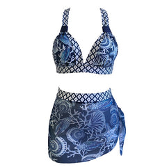 Women's Art Hawaiian Multicolor Mesh Three Piece Bikini Tankini Swimsuit