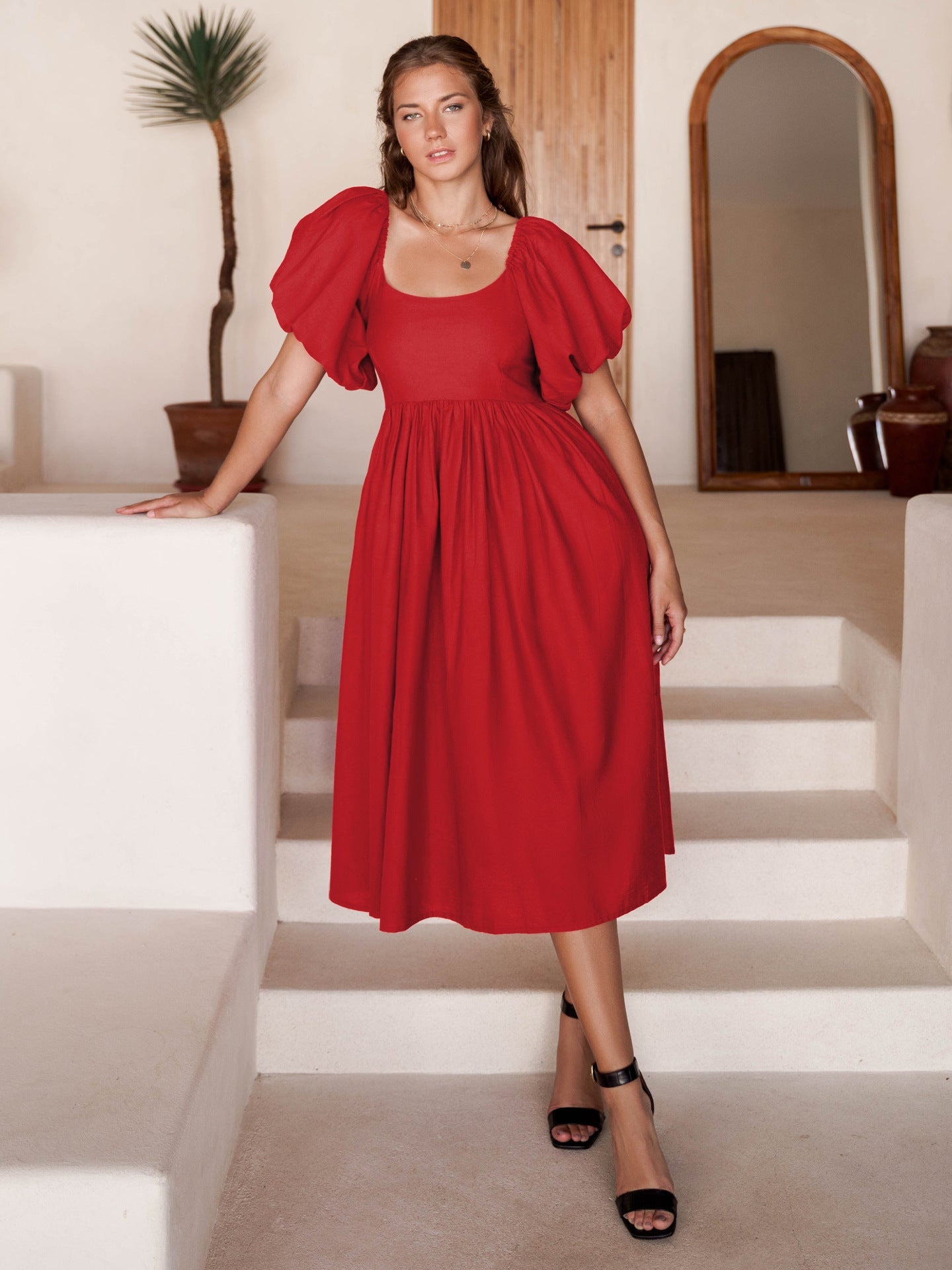 Cherie Puff Sleeve Linen Midi Dress with Backless Detail