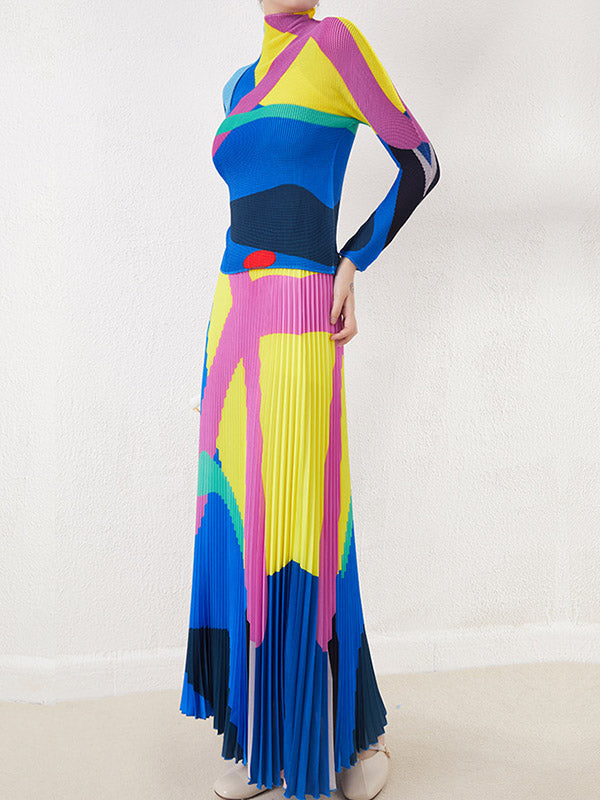 Contrast Color Pleated A-line Loose Skirts Bottoms