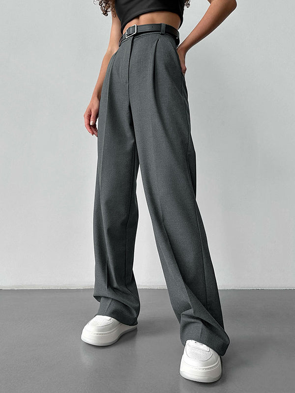 No Belt Solid Color High Waisted Loose Trousers Suit Pants