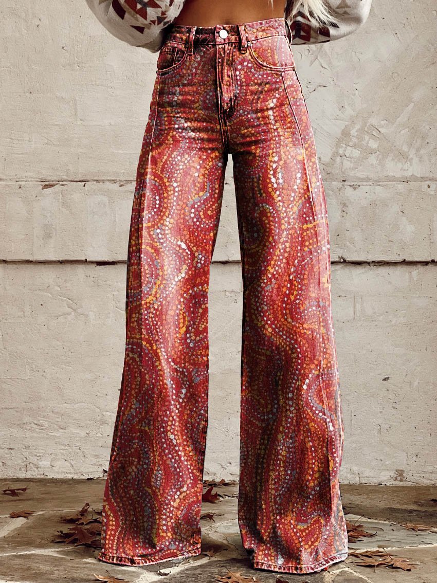 Women's Red Print Casual Wide Leg Pants