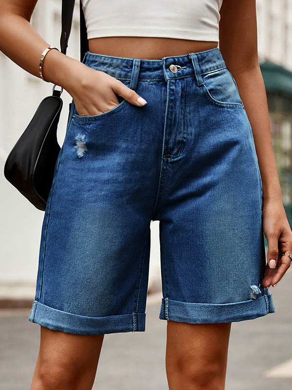 Buttoned Pockets High Waisted Loose Shorts Bottoms Jean Pants Bottoms
