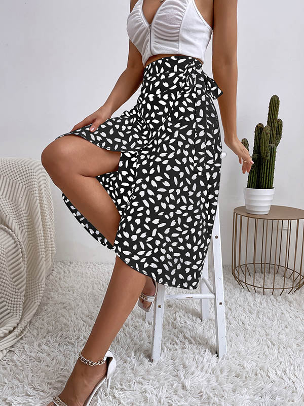 Printed Split-Front Tied Waist A-Line High-Low Skirts Bottoms