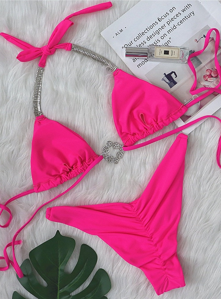 Sexy Strap Rhinestone Pleated Bikini