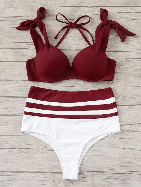 Low Cut Color Burgundy High Waist Bikini Set