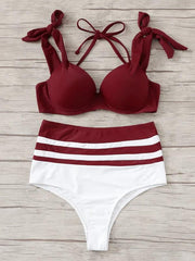 Low Cut Color Burgundy High Waist Bikini Set