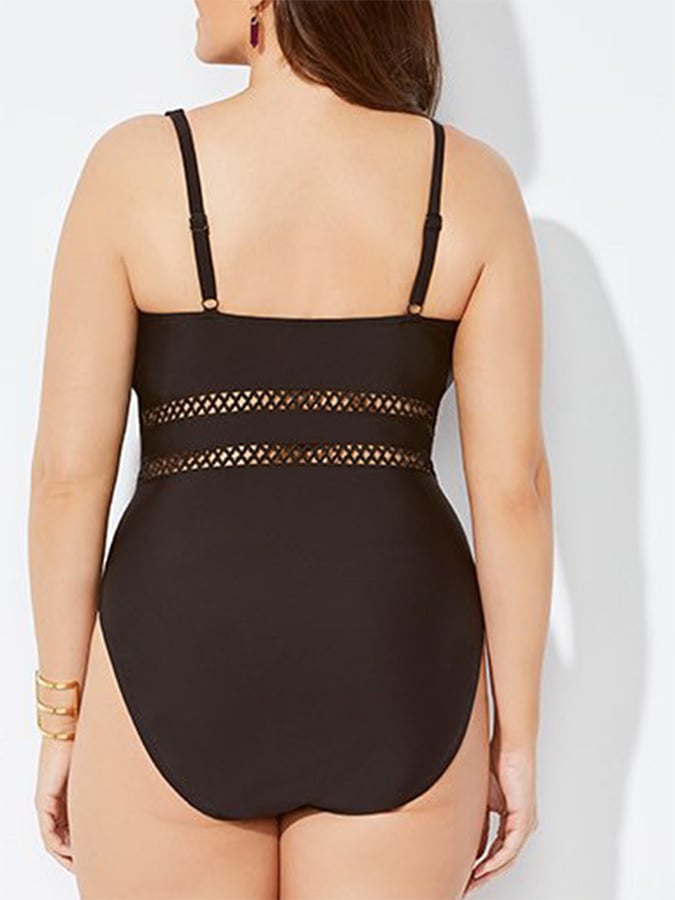 Large Size Deep V Sexy Hollow Backless Solid Color One-piece Swimsuit