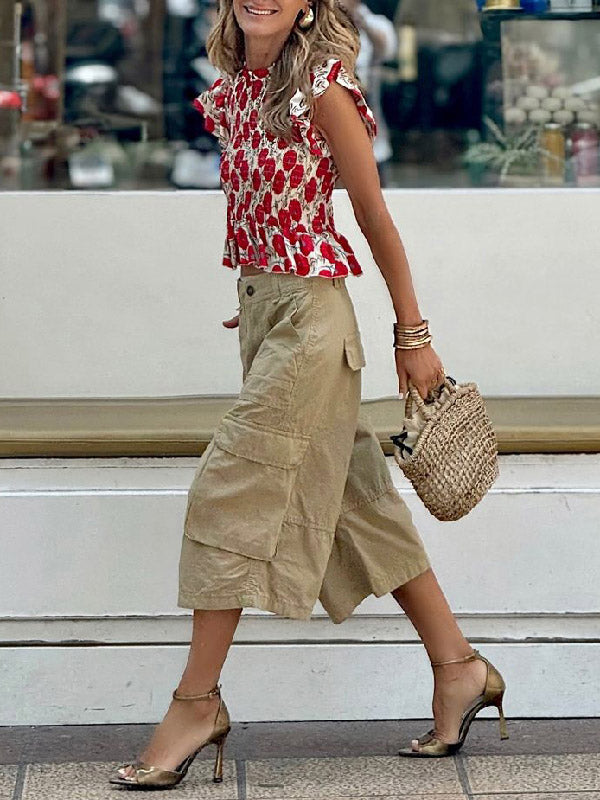 Buttoned Pockets Solid Color Split-Joint Loose Wide Leg Cropped Trousers Capri-Pants