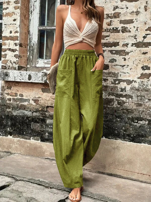 Elasticity Pockets Solid Color Loose Plus Size Pants