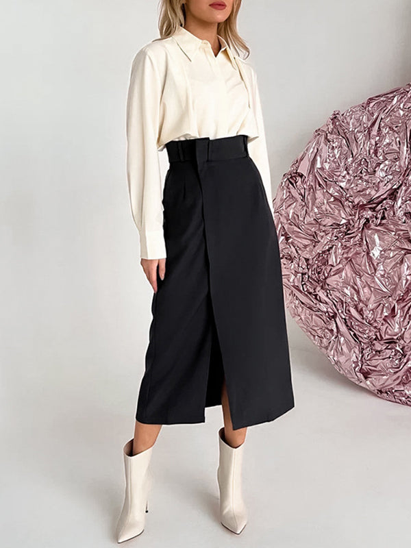 Solid Color Split-Joint Split-Side A-Line High Waisted Skirts Bottoms