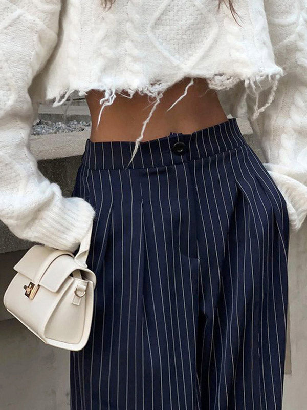 Buttoned Striped High Waisted Wide Pants Trousers Pants