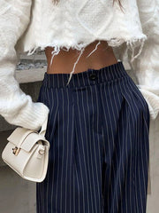 Buttoned Striped High Waisted Wide Pants Trousers Pants