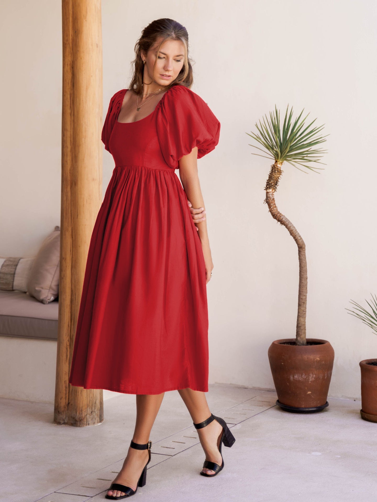 Cherie Puff Sleeve Linen Midi Dress with Backless Detail