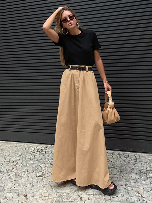 Pockets Solid Color Zipper High Waisted Loose Skirts Bottoms