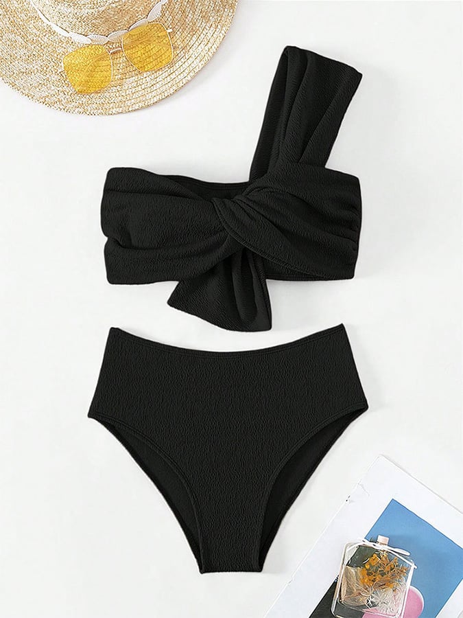 Solid Color Single Shoulder Wrap Chest Split Swimsuit