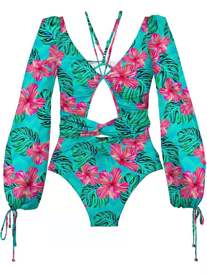 European And American Style Sexy Push-Up One-Piece Printed Long-Sleeved Swimsuit