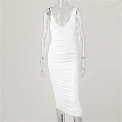 White Mesh Slim Irregular Long Skirt OL Pleated Sleeveless Sexy Dress Women