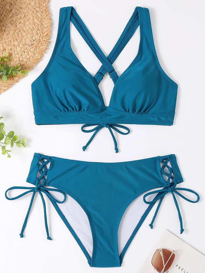 Sexy Split Pure Color Strap Bikini Swimsuit