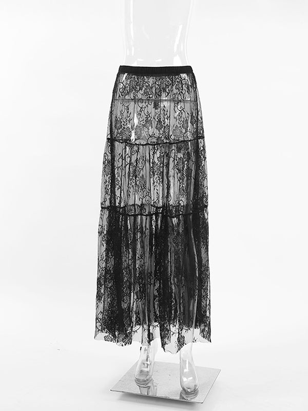Elasticity Hollow Jacquard Mesh See-Through Split-Joint A-Line High Waisted Skirts Bottoms