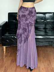 Printed Irregular Mesh Maxi Skirt In Purple