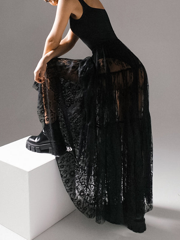 Elasticity Hollow Jacquard Mesh See-Through Split-Joint A-Line High Waisted Skirts Bottoms