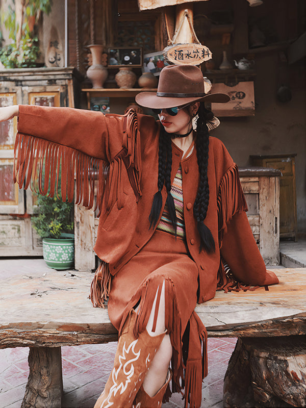 Casual Buckle Tasseled Solid Color Round-Neck Two Pieces Set