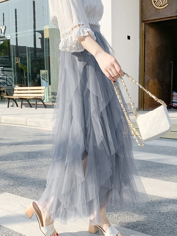 Original Stylish Irregular Mesh Solid Color Skirt