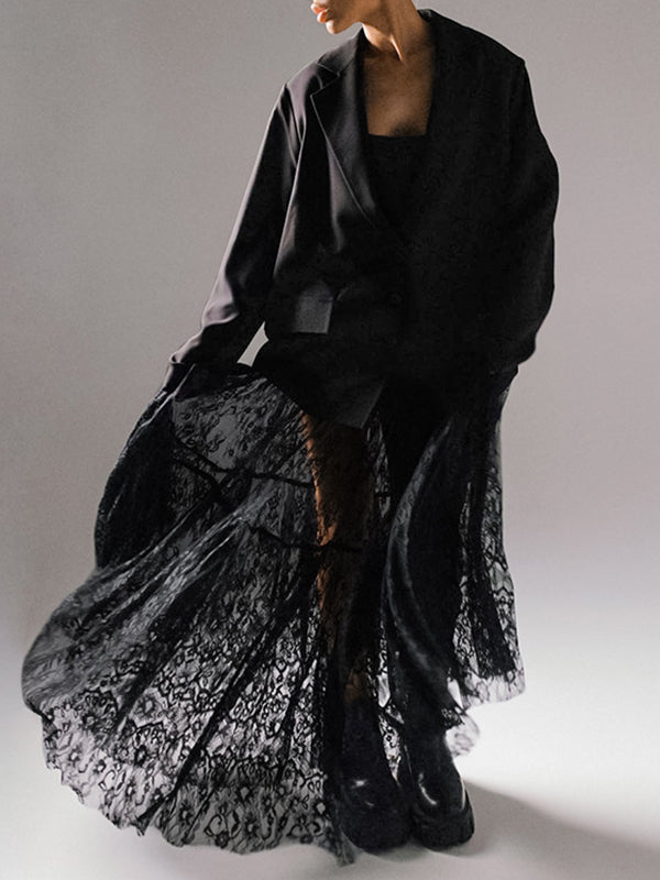 Elasticity Hollow Jacquard Mesh See-Through Split-Joint A-Line High Waisted Skirts Bottoms