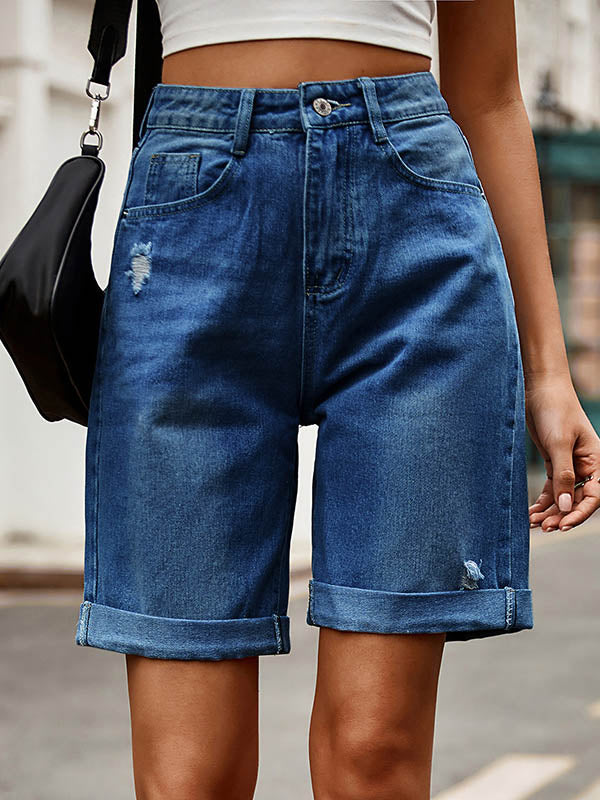 Buttoned Pockets High Waisted Loose Shorts Bottoms Jean Pants Bottoms