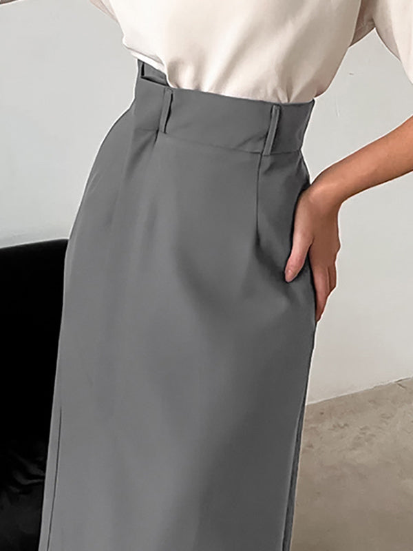 Solid Color Split-Joint Split-Side A-Line High Waisted Skirts Bottoms