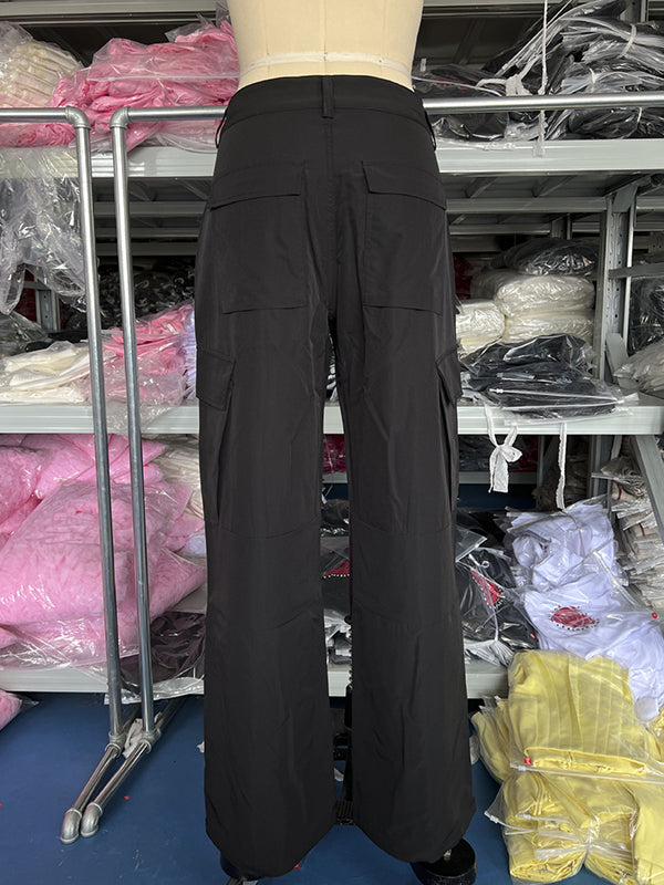 Buttoned Pockets Solid Color Split-Joint Loose Wide Leg Trousers Pants