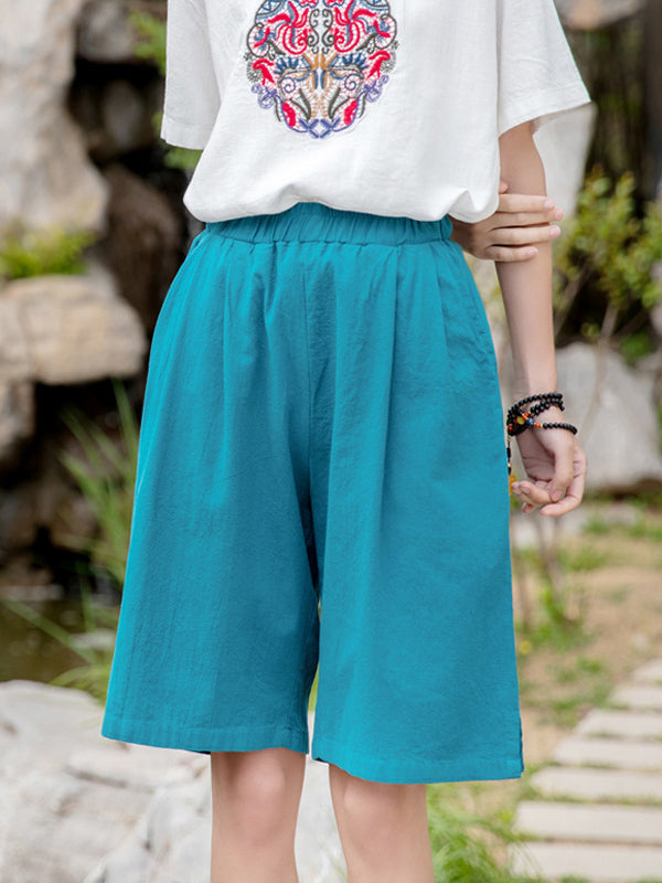 Elasticity Solid Color Loose Wide Leg Shorts Bottoms