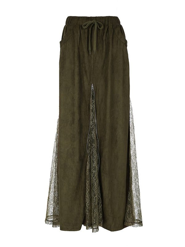 Lace Patchwork Skirt In Army Green