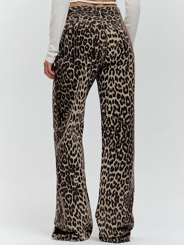 Buttoned Leopard Pockets Split-Joint Loose Trousers Pants