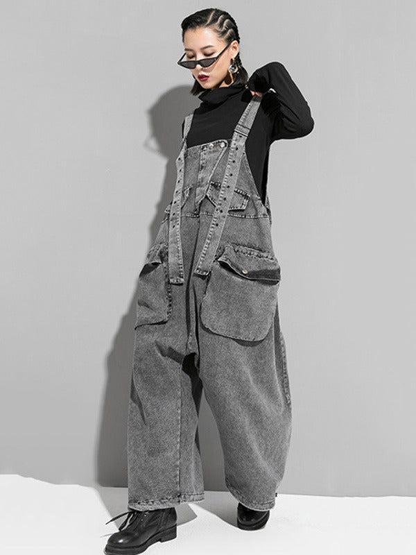 Pockets Split-Joint Loose Sleeveless Overalls Jean Pants Bottoms