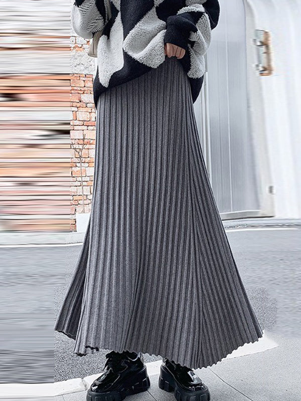 Pleated Solid Color A-Line High Waisted Skirts Bottoms