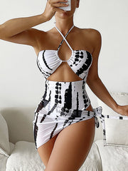 Hollow Out Printed Swimsuit Three Piece Set