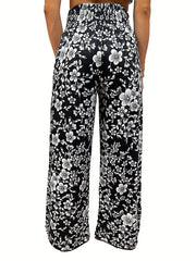 Elasticity Flower Print Pleated Pockets High Waisted Loose Trousers Pants
