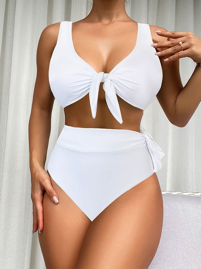 Pure Color Lace High Waist Split Swimsuit