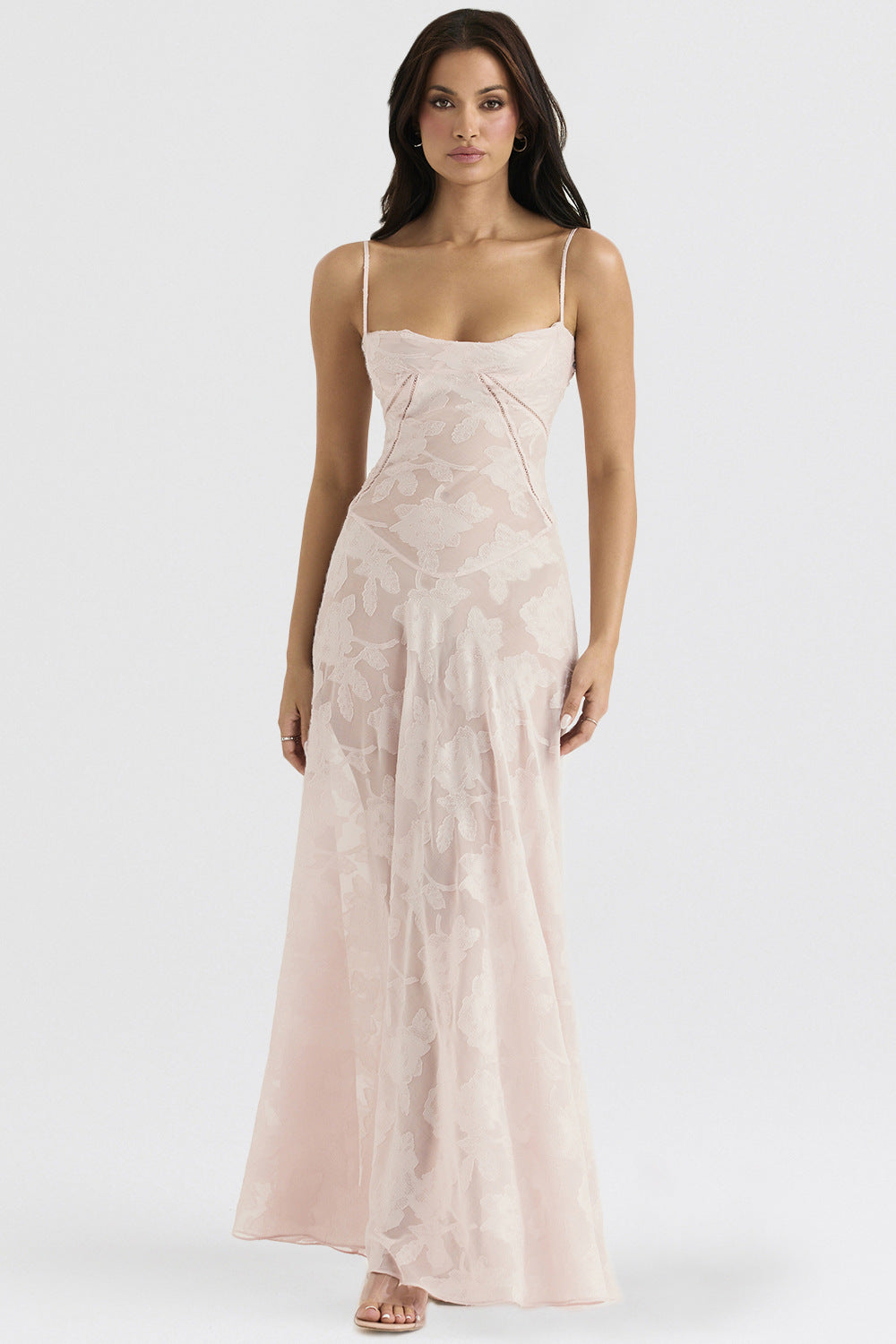 SEREN - SOFT PINK FLORAL LACE BACK MAXI DRESS