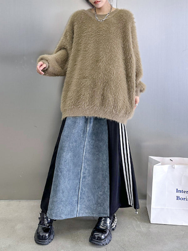 Contrast Color Drawstring Split-Joint Striped A-Line Loose Skirts Bottoms