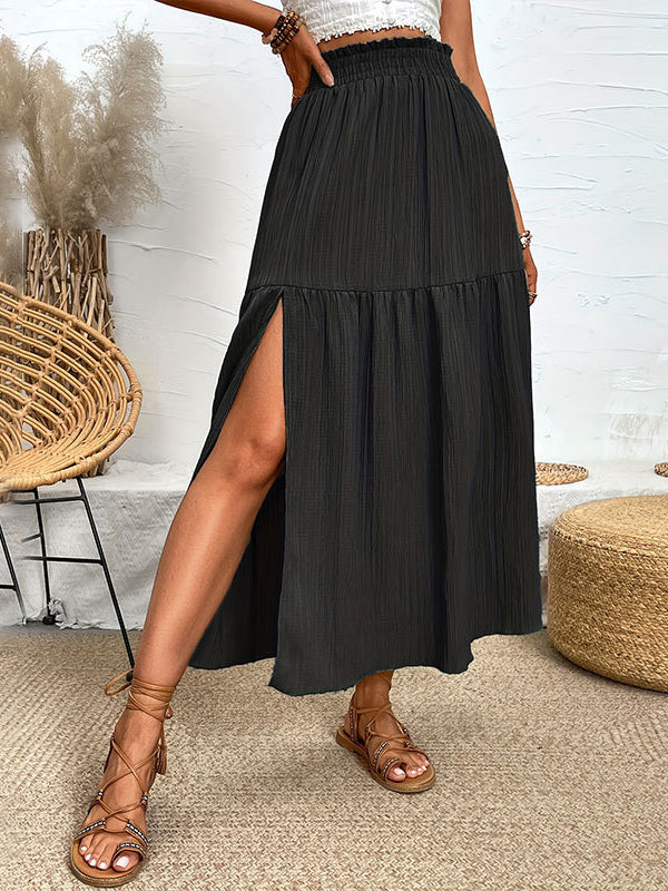 Elasticity Solid Color Split-Joint Split-Side A-Line Loose Skirts Bottoms