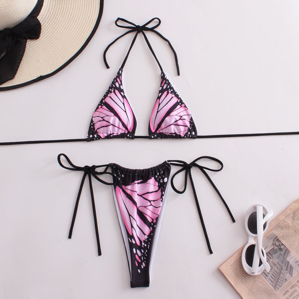 Sexy strappy butterfly print bikini