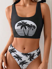 Women's Resort Coconut Print Lace-Up Design Beach Bikini