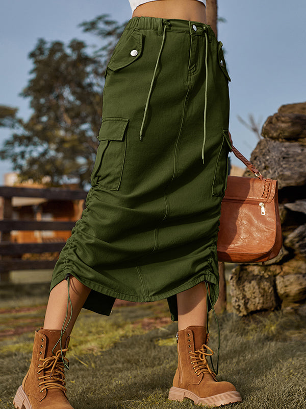 Drawstring Elasticity Pockets Solid Color Split-Back A-Line Loose Skirts Bottoms