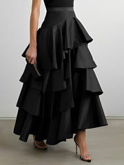 A-Line High Waisted Falbala Solid Color Long Skirts Skirts Bottoms
